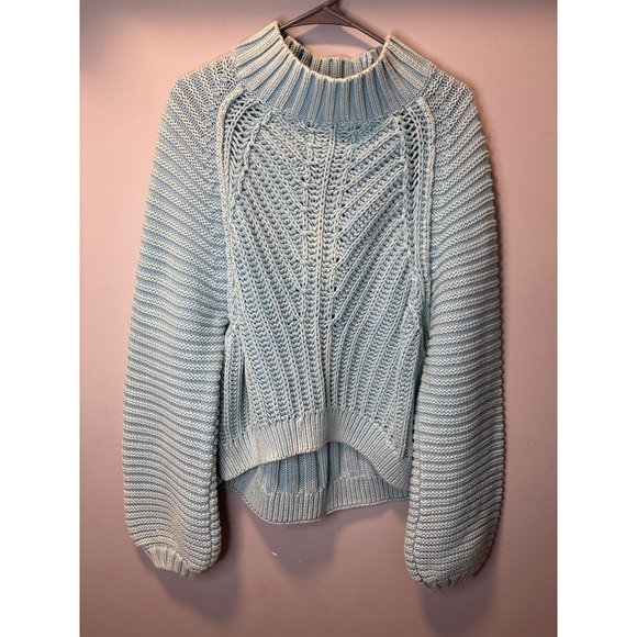 Free People Sweetheart Light Blue Cotton Chunky Cable Knit Mock Neck Sweater L - Picture 2 of 7